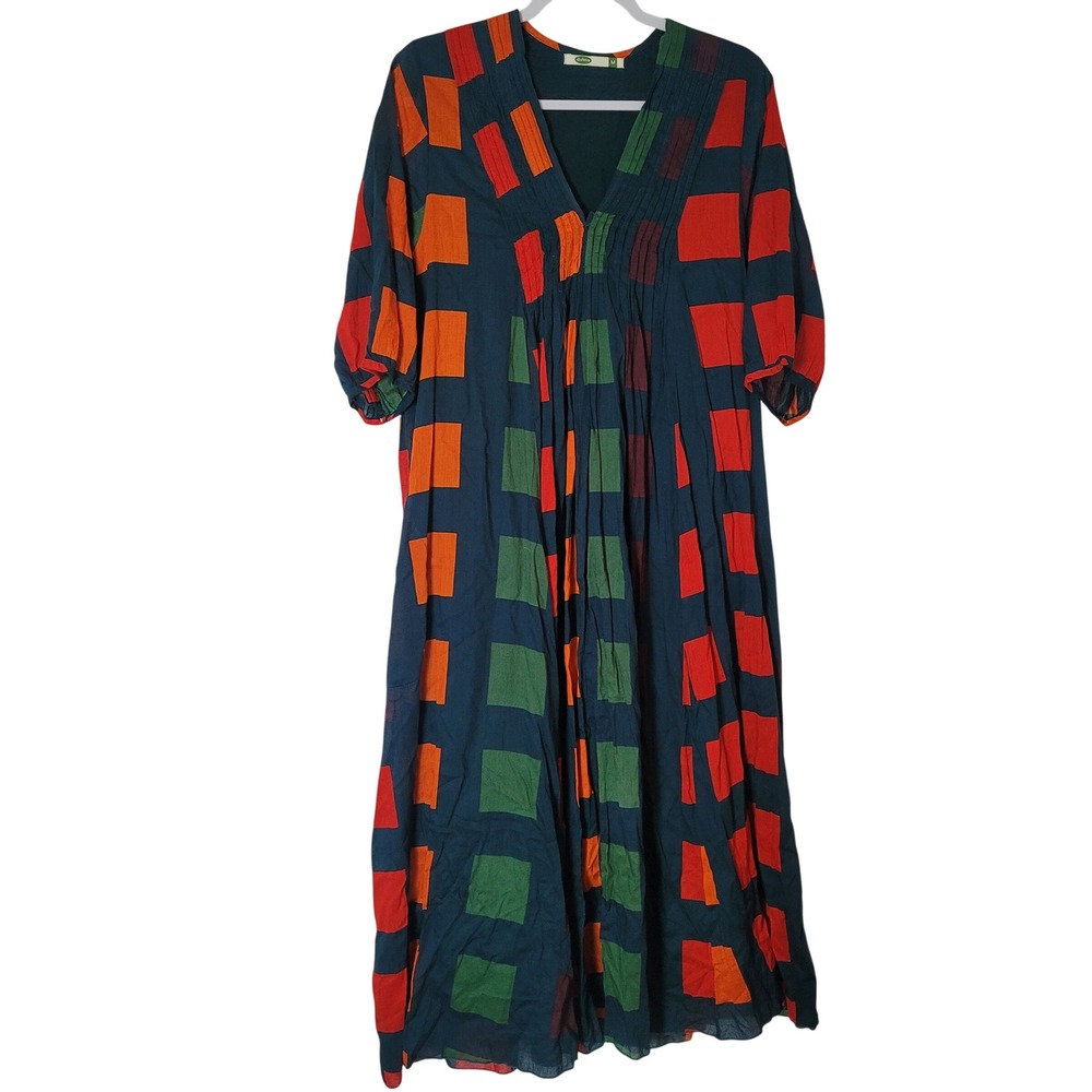 Dolma Skye Midi Dress Women Geometric Print Cotton V-Neck Pintuck Medium Artsy